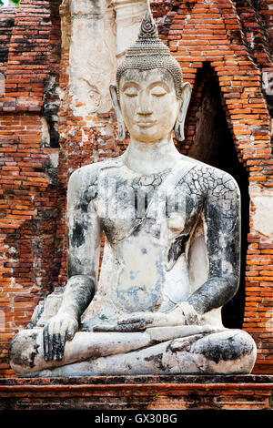 Une statue bouddhiste typique de la période Ayutthaya (XIVe–XVIIIe siècle) dans la mudra de Bhumisparsha, site du patrimoine mondial d'Ayutthaya, Thaïlande, Asie Banque D'Images