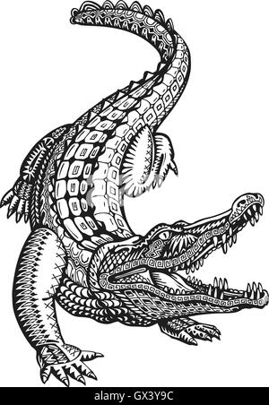 Ornement ethnique tribal peint en crocodile, alligator ou animal. Illustration vectorielle dessinée à la main avec des éléments décoratifs Illustration de Vecteur