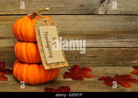 Pile de mini potirons avec happy thanksgiving tag sur un fond de bois Banque D'Images