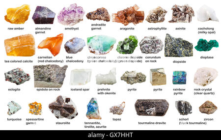 Diverses matières premières pierres précieuses et cristaux avec noms isolé sur fond blanc Banque D'Images