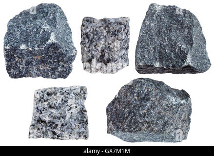 Collection de spécimens de roches Gabbro isolé sur fond blanc Banque D'Images