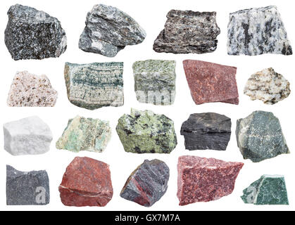 Collection de spécimens de roche métamorphique migmatite - amphibolite, quartzite, skarn, quartz, schiste, listvenite jaspill, Jasper, Banque D'Images