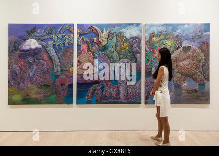 Londres, Royaume-Uni. 14 septembre 2016. Fête de l'eau, 2015, par l'artiste coréen Kim, MyongKyu Artwa Gallery, Séoul, Corée du Sud. La troisième édition de la foire de l'art de démarrer, présenté par Prudential, a lieu à la Saatchi Gallery, du 15 au 18 septembre 2016. La foire d'art se concentre sur de nouveaux artistes et de nouvelles scènes d'art. 70 galeries participent à cette foire. Banque D'Images