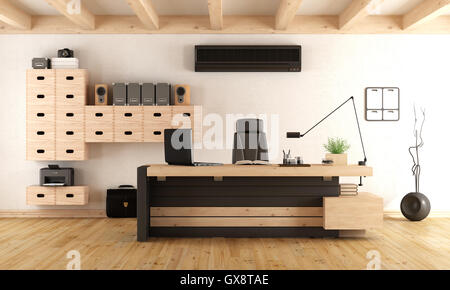 Bureau contemporain avec des meubles en bois et climatisation - 3D Rendering Banque D'Images