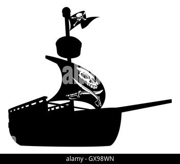 Une illustration d'une silhouette de bateau bateau pirate battant un crâne et os croisés d'un drapeau Banque D'Images