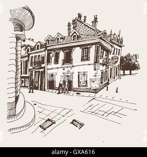 Dessin sépia de Cetinje street - ancienne capitale en Monten Illustration de Vecteur