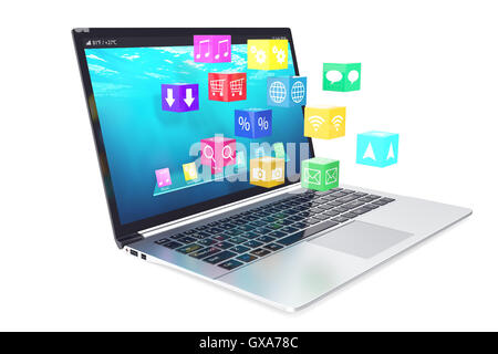 Cloud computing concept : blanc avec des icônes d'application couleur isolé sur fond. 3d illustration Banque D'Images