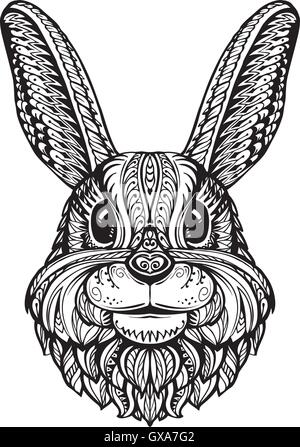 Tête de lapin lapin ou isolé sur fond blanc. Hand drawn vector illustration d'un style ethnique Illustration de Vecteur