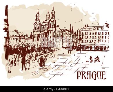 Illustration de la place de Prague. Très beau dessin unique de la vieille ville de style vintage. Paysage urbain dessiné à la main. Illustration de Vecteur