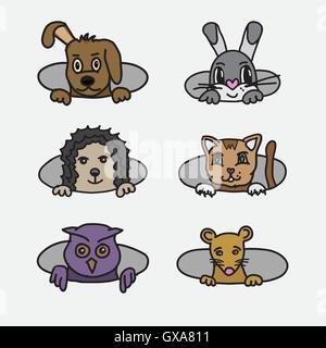 Cute funny doodly illustration d'animaux différents. Portraits d'animaux. Animaux domestiques, à trous. Illustration de Vecteur