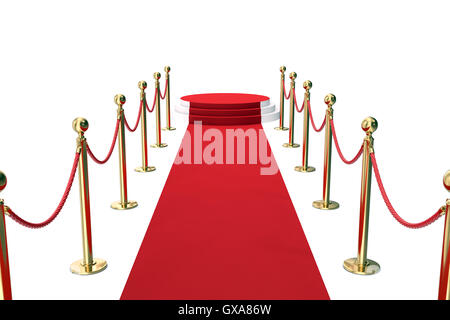 Tapis rouge avec barrière d'or et des cordes. Escalier pour parler. 3d illustration Banque D'Images