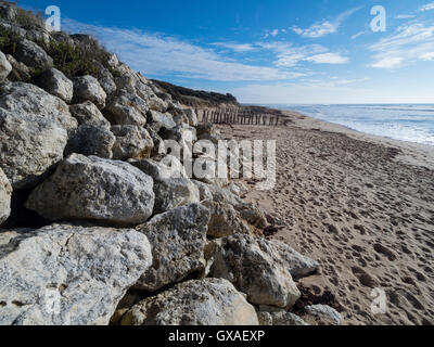 Tentative de protection de la dune côtière contre les effets des tempêtes par l'installation de blocs de pierres et de pieux en bois Banque D'Images