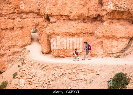 Mère et fils, randonnées le Queens Garden/Canyon Navajo Loop à Bryce Canyon National Park, Utah, USA Banque D'Images