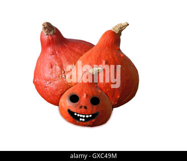 Trois citrouilles Hokkaido isolé sur blanc. Le petit décoré pour l'Halloween Banque D'Images