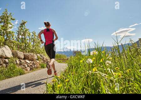 Jeune femme tournant le long chemin rural, vue arrière, Meran, le Tyrol du Sud, Italie Banque D'Images