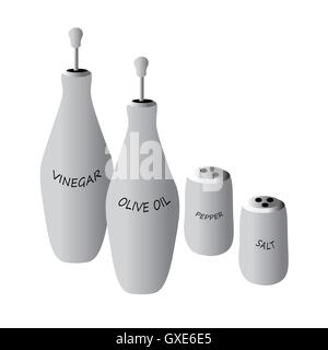 Bouteilles spéciales et les banques l'huile d'olive, vinaigre, sel et poivre illustration sur fond blanc simple Illustration de Vecteur