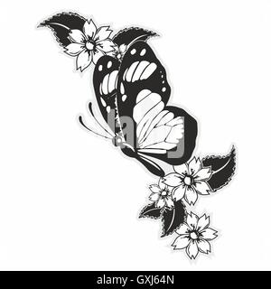 Papillon volant avec des fleurs et des feuilles Banque D'Images