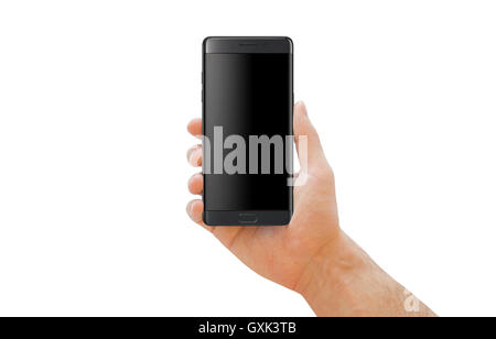 Hand holding smartphone moderne noir avec bord courbe pour une maquette. Contexte Isolé. Banque D'Images
