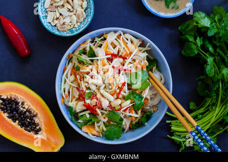 Poulet poché, chou et salade de papaye avec nouilles de riz et la coriandre Banque D'Images