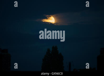 SW London, Royaume-Uni. 16 septembre 2016. l'éclipse lunaire de Penumbral est masquée par un nuage épais à Wimbledon avec seulement un bref aperçu du disque lunaire. Crédit: Malcolm Park éditorial/Alamy Live News Banque D'Images