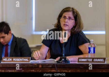 New York, USA. 15 Septembre, 2016. Councilmember Helen Rosenthal - Le 15 septembre, le Comité de logement et bâtiments de la ville de New York Conseil a tenu une audience sur le logement, la Loi sur l'entreposage pas vue ensemble de projets de loi que les personnes sans-abri a aidé à écrire, de permettre à la ville pour obtenir enfin un vrai comte de bâtiments vacants et des lots. Ensemble, ces projets seraient les plus fortes de la législation anti-entreposage cette ville n'a jamais vu. Ils constituent une étape cruciale pour atténuer et résoudre la crise du logement et d'un niveau inégalé de sans-abri dans la ville de New York. © PACIFIC PRESS/Alamy Live New Banque D'Images