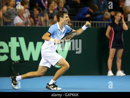 L'Argentine Guido Pella célèbre battant Grande-bretagne's Kyle Edmund au cours de la première journée de la Coupe Davis à l'Emirates Arena, Glasgow. Banque D'Images