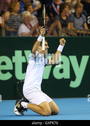 L'Argentine Guido Pella célèbre battant Grande-bretagne's Kyle Edmund au cours de la première journée de la Coupe Davis à l'Emirates Arena, Glasgow. Banque D'Images