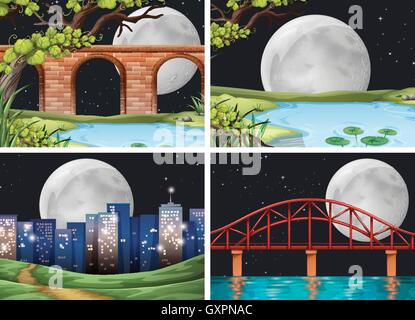 Quatre scènes de ville sur fullmoon nuit illustration Illustration de Vecteur