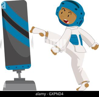 L'homme pratiquant le taekwondo avec illustration stand de boxe Illustration de Vecteur