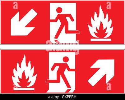 Sortie de secours d'urgence vers le bas à gauche, sortie de secours d'urgence en haut à droite, fire escape route des signes. Illustrations vectorielles. Illustration de Vecteur