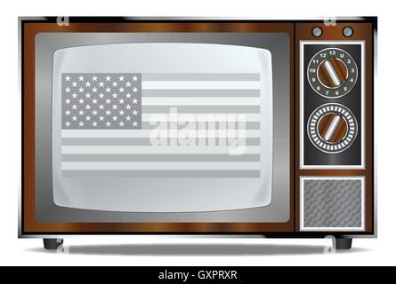 Un vieux bois récepteur de télévision sur un fond blanc avec les Stars and Stripes flag Illustration de Vecteur