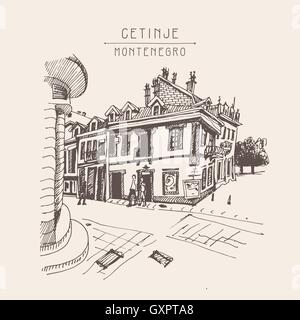 Dessin sépia de Cetinje street - ancienne capitale en Monten Illustration de Vecteur