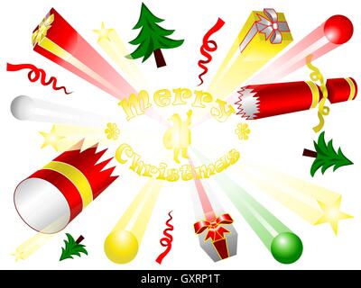 Burst cracker, bonbon, des boîtes-cadeaux, boules, étoiles, arbres de Noël, ruban et battant avec texte joyeux Noël et Santa Claus Illustration de Vecteur