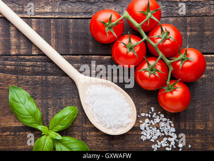 Les tomates fraîches au basilic et une cuillère de sel sur grunge wooden board Banque D'Images