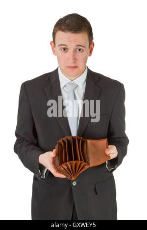 Montrant l'homme portefeuille vide isolé sur fond blanc Banque D'Images