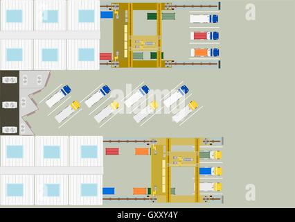 Vue aérienne de la cour de déchargement ou de livraison de marchandises d'une usine de fabrication, la gestion des processus industriels. Illustration de Vecteur