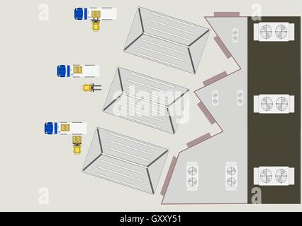 Vue aérienne de la cour de déchargement ou de livraison de marchandises d'une usine de fabrication, la gestion des processus industriels. Illustration de Vecteur