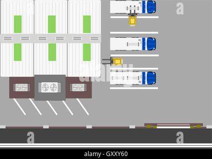 Vue aérienne de la cour de déchargement ou de livraison de marchandises d'une usine de fabrication, la gestion des processus industriels. Illustration de Vecteur