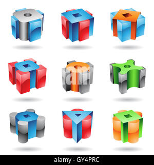 Et cubes métalliques cylindriques résumé brillant icônes isolé sur fond blanc Banque D'Images