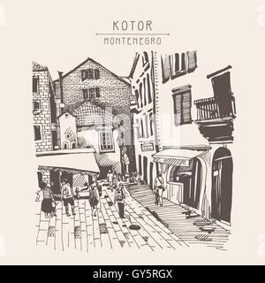 Esquisse de Kotor, Monténégro rue touristique vintage pos Illustration de Vecteur