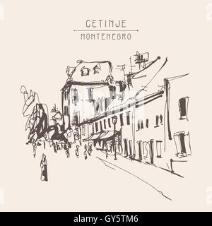 Dessin sépia de Cetinje street - ancienne capitale en Monten Illustration de Vecteur