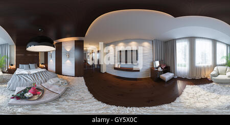 Illustration 3d 360 degrés sphérique transparente, panorama du design d'intérieur chambre à coucher. La chambre est faite en gris et marron Banque D'Images