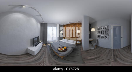 Illustration 3d 360 degrés sphérique transparente, panorama du design d'intérieur chambre à coucher. Banque D'Images