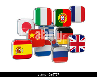 Translationor langues traducteur en ligne gratuit. Flags isolated on white. 3d illustrator Banque D'Images