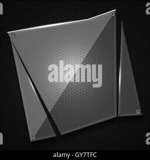 Set 8. Verre brisé sur le mur de grillage métallique noir. Illustration 3d'arrière-plan. Banque D'Images