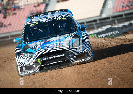 Barcelone, Espagne. 18 Septembre, 2016. La Ford Focus RS World RX voiture conduite par Ken Block, en action pendant le Championnat du Monde FIA de Barcelone sur le circuit de Catalunya. Crédit : Pablo Guillen/Alamy Live News Banque D'Images