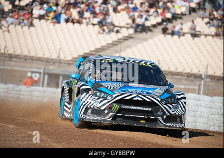 Barcelone, Espagne. 18 sept., 2016. La Ford Focus RS World RX voiture conduite par Ken Block, en action pendant le Championnat du Monde FIA de Barcelone sur le circuit de Catalunya. Crédit : Pablo Guillen/Alamy Live News Banque D'Images