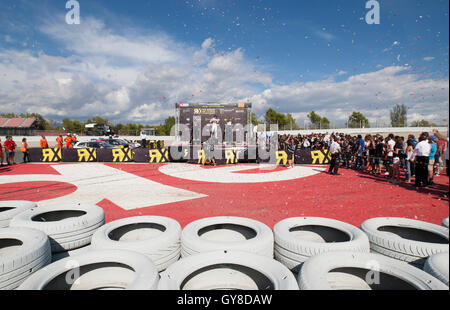 Barcelone, Espagne. 18 Septembre, 2016. Mattias Ekstrom, Timmy Hansen, et Johan Kristoffersson dans le podium de la course du Championnat du Monde de Barcelone sur le circuit de Catalunya. Crédit : Pablo Guillen/Alamy Live News Banque D'Images