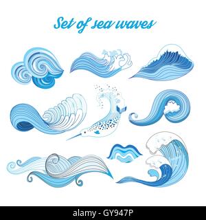 Vecteur des ondes de la mer. Les vagues de l'océan isolé sur fond blanc Illustration de Vecteur