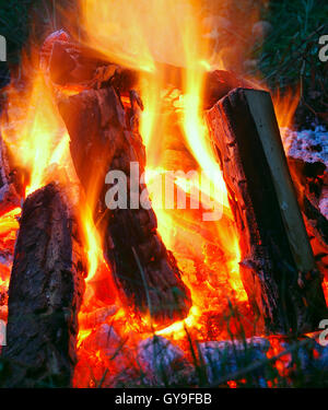 La capture des charbons ardents sur un brillant brûler un feu de camp. Banque D'Images